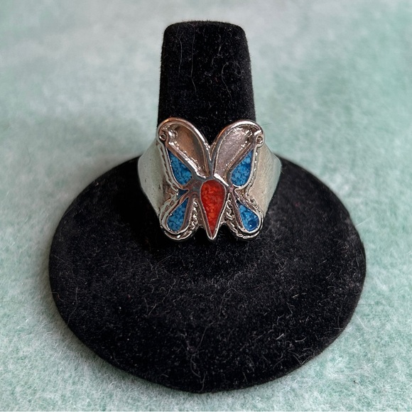 RARE VINTAGE SILVER CORAL & TURQUOISE BUTTERFLY RING NAVAJO NATIVE AMERICAN RING - Picture 3 of 3